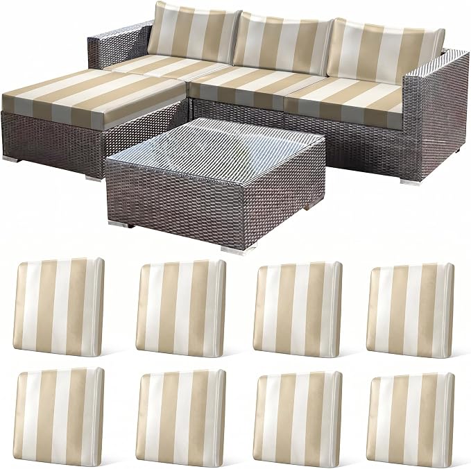 CALBODE 8 Pcs Outdoor Seat Cushion Covers, Striped Stretch Chair Seat Cover for Patio Furniture Cushions Washable Reusable Indoor and Outdoor Couch Cover Replacement (Light Brown, Cover Only)