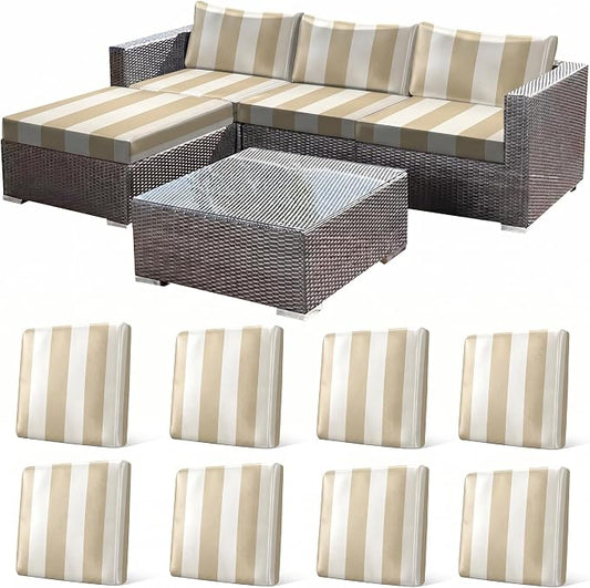 CALBODE 8 Pcs Outdoor Seat Cushion Covers, Striped Stretch Chair Seat Cover for Patio Furniture Cushions Washable Reusable Indoor and Outdoor Couch Cover Replacement (Light Brown, Cover Only)