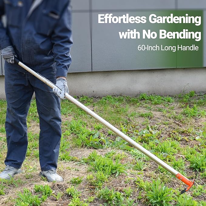 2-in-1 Garden Hoe and Weed Puller Rake, 60 Inch Adjustable Long Handle Weeding Tool Heavy Duty Spring Steel Head with Sand Texture Finish, Weed Remover for Garden, Yard, Lawn, Driveway