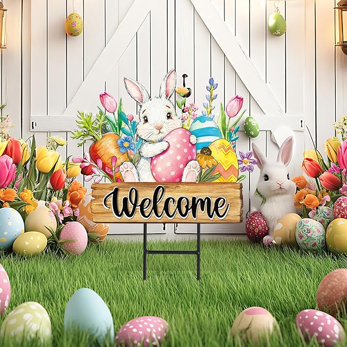 JarThenaAMCS Easter Metal Garden Stake Welcome Yard Sign Watercolor Bunny Rabbit Egg Floral Decorative Lawn Sign for Spring Home Outside Lawn Porch Walkway Pathway