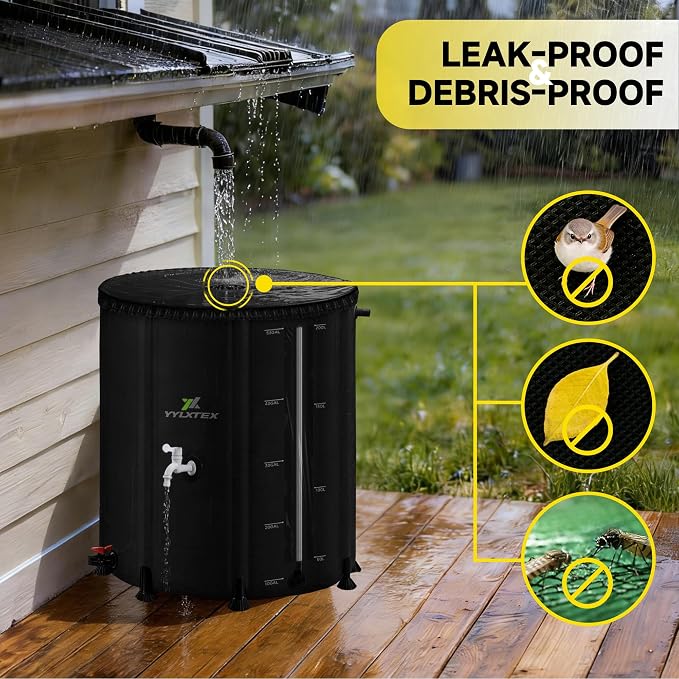 53 Gallon/200L Collapsible RainWater Collection Barrel,Water Tank&Reinforced with 2mm Frame Portable Rain Catcher,Includes Quick-Connect Tap&Sprinkler,Heavy Duty 0.6mm PVC for Long-Lasting Use,Black