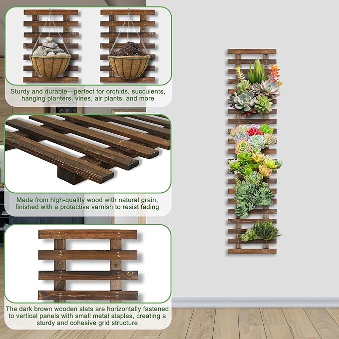 Mulctun Wall Planters - 11.4" W x 47.24" H Wooden Wall Planters for Indoor Outdoor Plants,Hanging Wood Wall Trellis,Wall Mounted Plant Holder for Orchids,Succulent,Air Plants,Hanging Pots Display