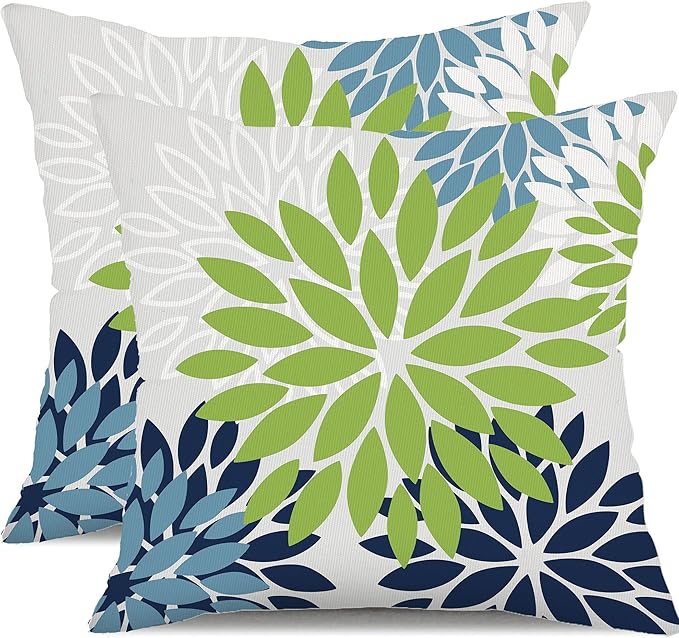DFXSZ Green Blue Flower Pillow Covers 18x18 Inch Set of 2 White Gray Colored Throw Pillows Outdoor Waterproof Decor for Living Room Sofa Patio Funiture Garden Floral Polyester Pillow Covers 002K18