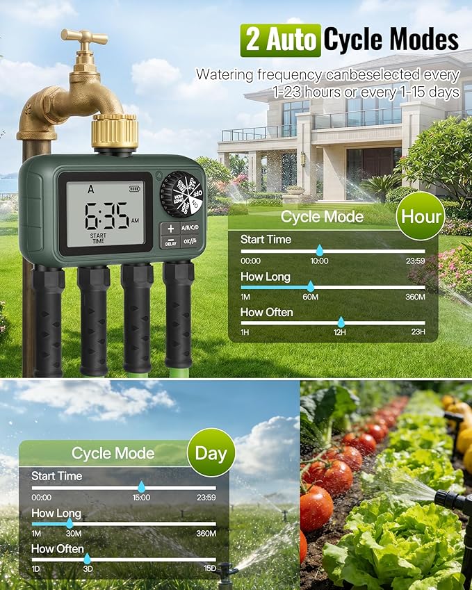 Brass Sprinkler Timer with Swivel, Programmable Water Timer for Garden Hose with Auto/Manual/Rain Delay Watering, Digital Irrigation System Kit,for Garden, Yard, Lawn 4 Outlet F14WT06