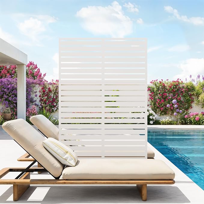 Garvee Outdoor Metal Privacy Screen, 47" W x72 H Decorative Privacy Fences White Panel with Stand, Freestanding Metal Sreens, for Indoor Garden Patio Balcony Poolside Yards, White