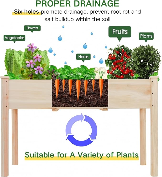 Elevated Wood Raised Garden Bed, 48 x 24 x 30in Wooden Planter Box with Legs, 210LBS Capacity, Non-Woven Liner & 6 Drainage Holes for Backyard Patio Balcony Vegetables Flowers Herbs
