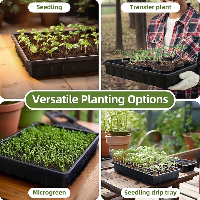 SOLIGT Extra Thick Heavy Duty 10 Pack Seed Starting Trays with Soil Blocker - Microgreens Growing Trays Seedling Plant Germination Starter Tray Transplant Fodder Flats, No Holes, No Leakage