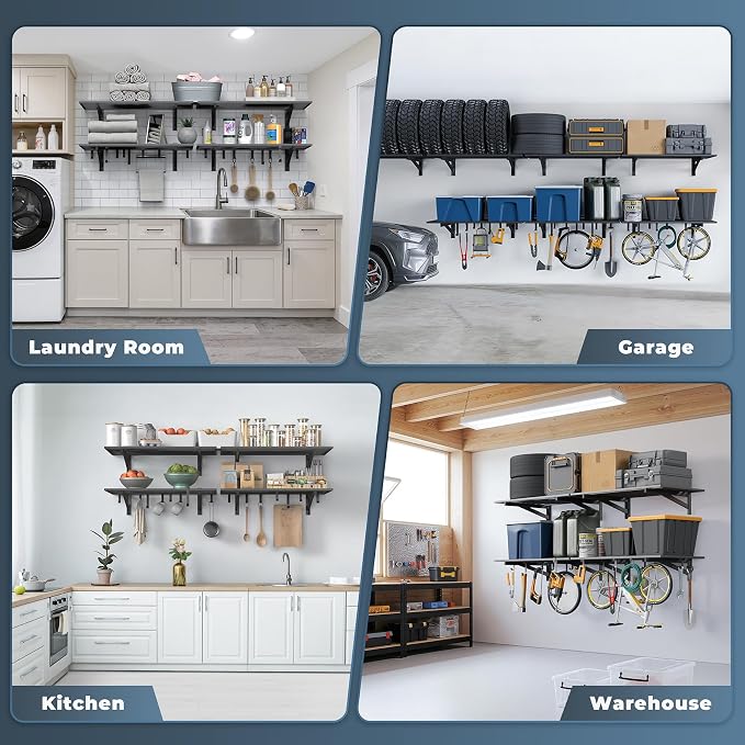 Jusgym 4-Pack 2x3ft Garage Shelving Wall Mounted, 2' x 3' Heavy Duty Garage Storage Shelves with Hooks, 1000LB Capacity