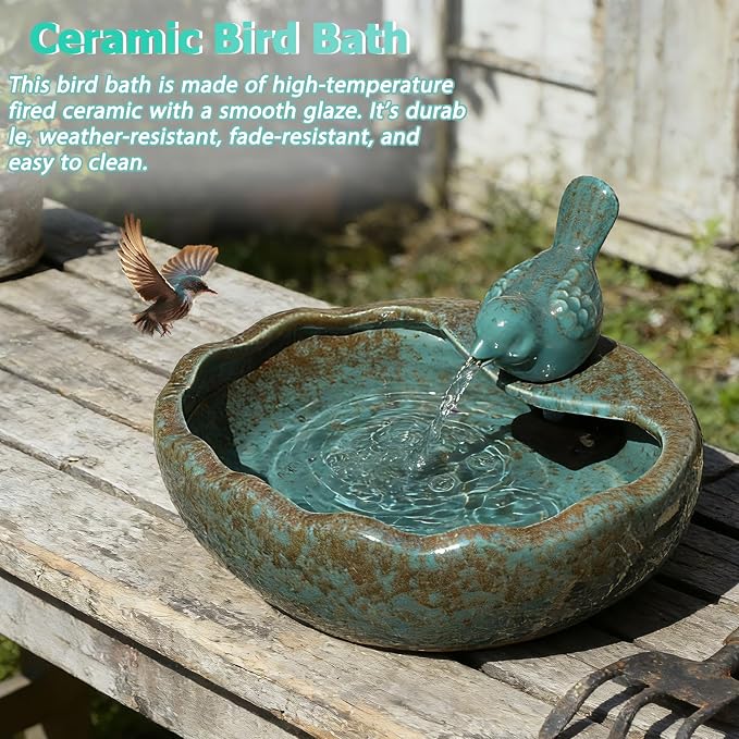 Ceramic Solar Fountain Bird Bath with Battery Backup,Bird Bath for Outside,Bird Bath Bowl for Garden, Patio & Yard Decor,Working at Night for at Least 6 Hours (Bird).