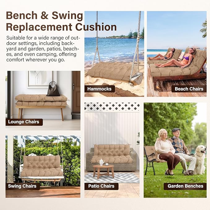 Waterproof Porch Swing Cushions 60 Inch,2 3-Seater Replacement for Outdoor Furniture with Backrest and Straps, Thick 4" Swing Seat Bench Cushion for Loveseat Glider Bench Patio Lawn Backyard