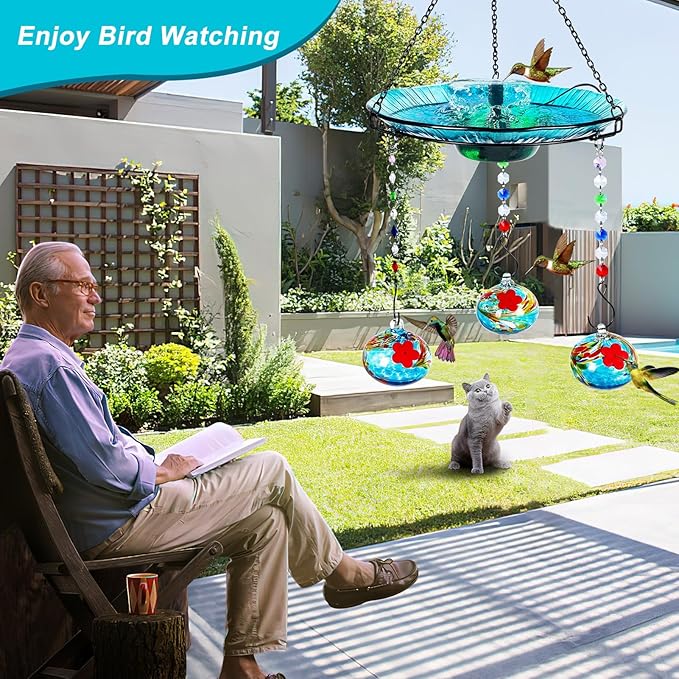 HEADAK LIFE Hummingbird Feeder and Bird Bath for Outdoors 2-in-1 for Small Birds - Hummingbird Bath Fountain with 3 Red Feeder Pots - Hanging Solar Bird Bath Fountains NY1-FN04