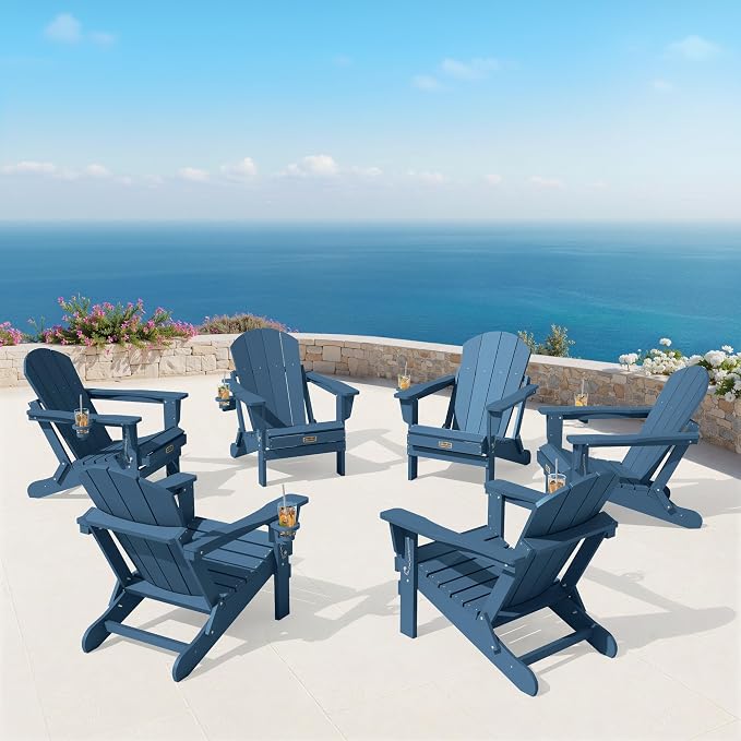 SERWALL Folding Adirondack Chair with Cup Holder Set of 4, Weather Resistant HIPS Patio Chairs, Wooden Textured, Fire Pit Chairs for Garden Outdoors Fire Pit - Blue