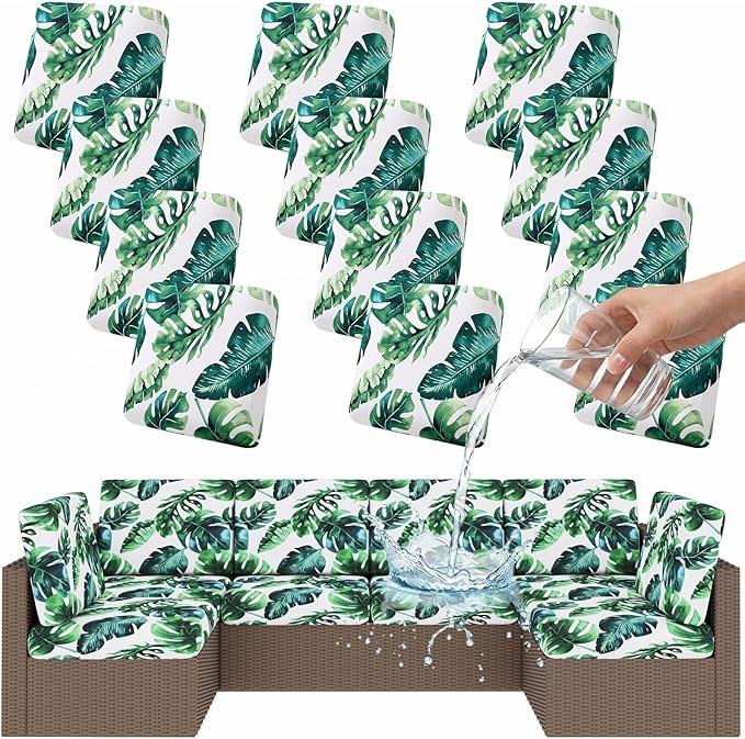 Smiry Waterproof Patio Cushion Covers, Stretch Outdoor Couch Slipcovers Replacement Washable Furniture Protector Sofa Chair Seat Cover for Dogs and Pets (12 Pcs, Green)
