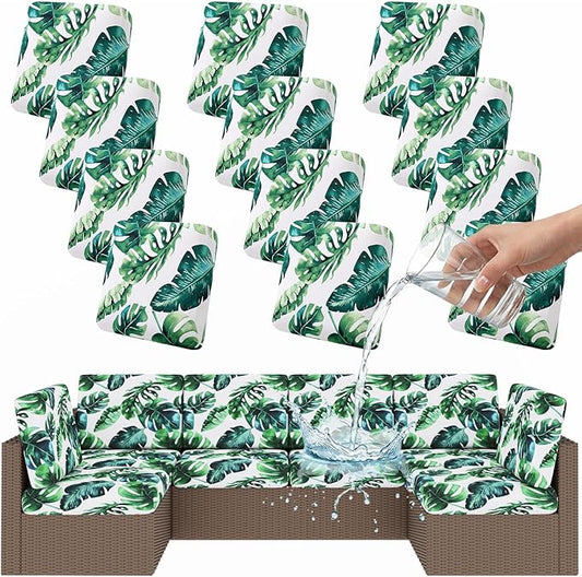 Smiry Waterproof Patio Cushion Covers, Stretch Outdoor Couch Slipcovers Replacement Washable Furniture Protector Sofa Chair Seat Cover for Dogs and Pets (12 Pcs, Green)