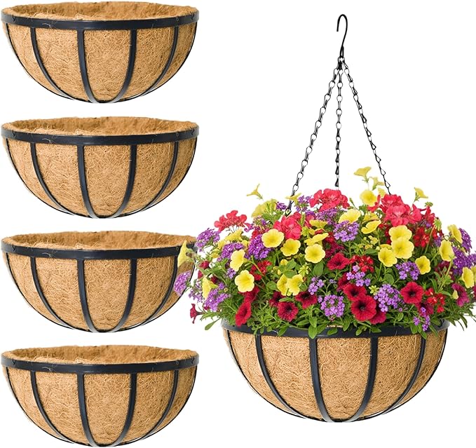 4 Pack 12 Inch Round Hanging Basket with Coco Liners， Metal Hanging Baskets for Plants Outdoor， Hanging Planter with Chain Garden Products for Outdoor, Porch, Lawn, Garden