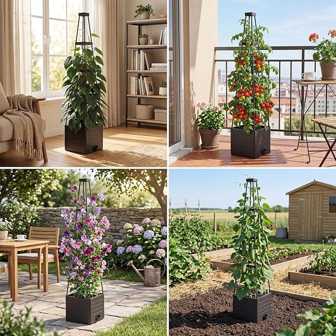 Geetery 4 Pack Raised Garden Bed Planter Box with Trellis 55" Cage Planter Raised Garden Bed with Trellis Self-Watering Planters for Climbing Plants Vegetables Vine Flowers Outdoor Indoor