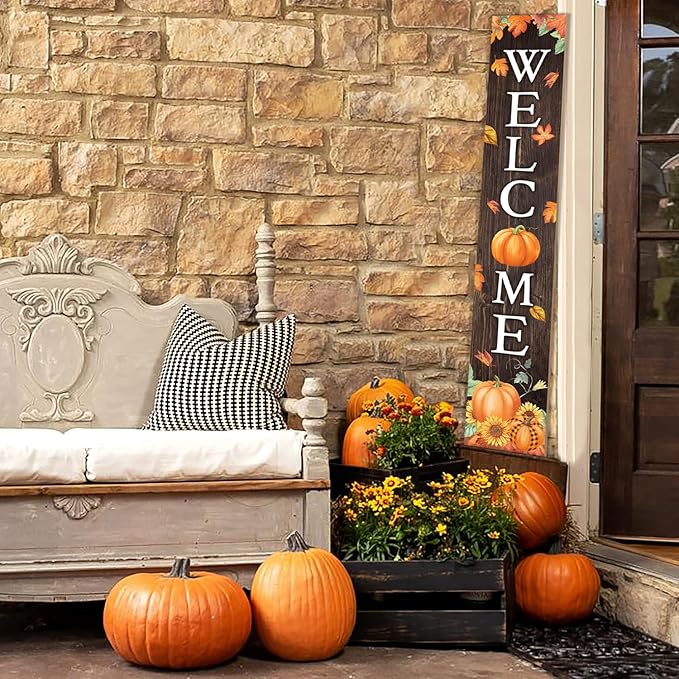 Fall Welcome Sign For Front Porch Fall Porch Sign Maple Leaf Pumpkin Sunflower Thanksgiving Decor Indoor Outdoor Autumn Wooden Vertical Sign For Patio Front Door Porch Wall Yard