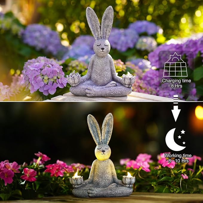 Goodeco Zen Rabbit Statue with Solar Lotus - Garden Yoga Bunny | sitting meditating rabbit serene resin figurine for patio, yard, lawn ornaments, home or outside