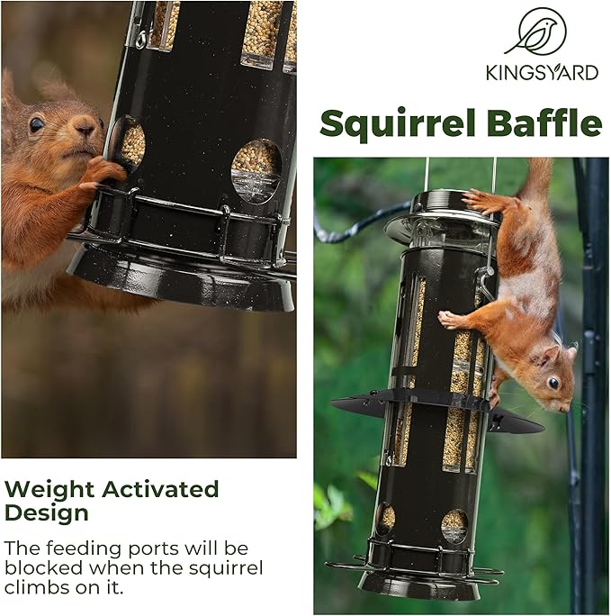 Kingsyard Squirrel Proof Bird Feeders with Weight-Activated Perches, Metal Wild Bird Feeder for Outdoors Hanging, 3 lb Large Seed Capacity, Black