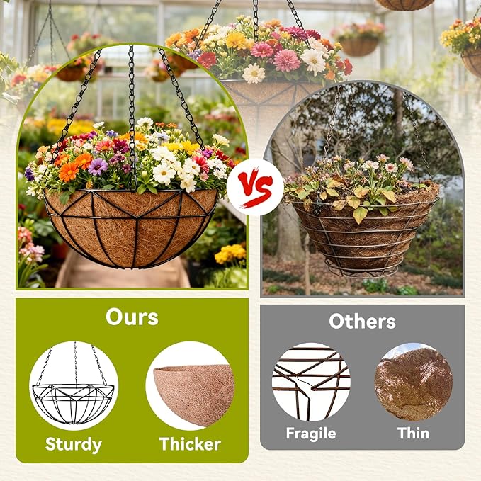 Halatool 4 Pack 12 Inch Hanging Baskets for Plants Outdoor- Small Hanging Garden Planters with Coco Liner for Outside, Empty Metal Wire Flower Holder Hanger Pot for Wall Patio Porch Balcony Decoration