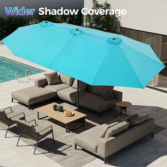 SUPERJARE 13FT Outdoor Patio Umbrella with Base Included, Double Sided Pool Umbrellas with Fade Resistant Canopy, Large Table Umbrella for Deck, Market, Backyard - Light Blue