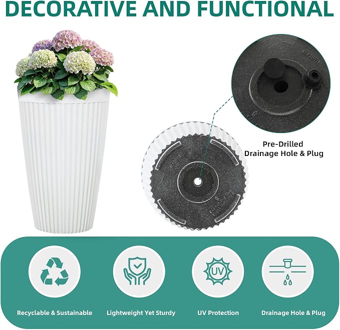 20" Tall Planters for Indoor Outdoor Plants (Set of 2), Cement-Look Large Flower Pots, High-Desity Resin Planters, UV-Protected Outdoor Pots for Garden, Balcony, Porch or Living Room Decor