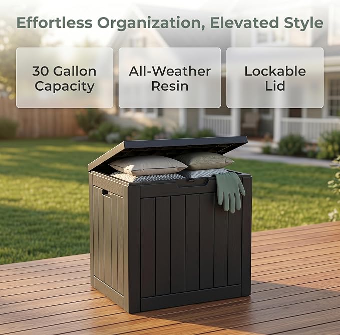 NicBex 30 Gallon Deck Box, Waterproof Resin Outdoor Storage Box Lockable for Patio Furniture, Fade Resistant Patio Side Table & Organizer for Garden Tools, Pool Floats, Outdoor Cushions, Black