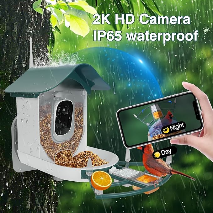 Smart Bird Feeder with Camera,AI Identify Bird Species,Auto Record 2K Video in Backyard Garden,Live View,Solar Powered Charging,Ideal Gifts for Family and Lovers (Blackish Green)