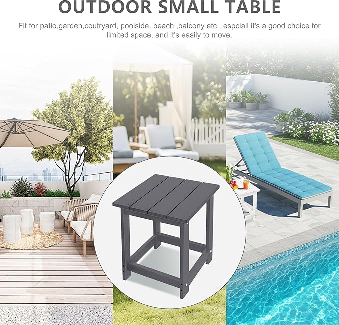 LZRS Square Patio Side Table, Heavy Duty HDPE Outdoor End Table with Wood Texture, Weatherproof Composite Table for Adirondack Chairs, Deck, Pool, Indoor/Outdoor, No Peeling or Cracking(Grey)