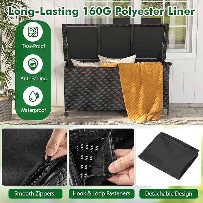 Tangkula Tightly-Woven Rattan Deck Box, Patiojoy Storage Cabinet Container with Polyester Liner, Universal Wheels & Gas Strut, 85 Gallon Indoor Outdoor Storage Box for Pillows, Cushions (Black)
