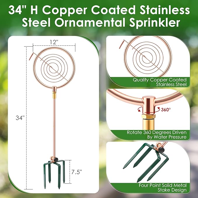 34" H Copper Coated Stainless Steel Ornamental Sprinkler, Corrosion Resistant Garden Rotating Sprinkler 360 Degree Shape Decorative for Lawn Garden Landscape(Circle Ring)