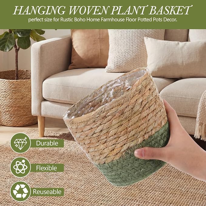 6 Pcs Seagrass Hanging Planter Basket Hand Woven Plant Basket with Plastic Liners Hanging Plant Holder Storage Containers with Cotton Rope for Indoor Garden Decor (Small,Brown,Green)