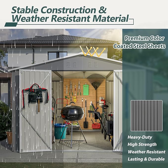 YOPTO 10×10 FT Outdoor Storage Shed,Metal Aluminum Waterproof Tool Sheds with Doors and Vents,Heavy-Duty Sheds Unit W/Lock and Key,for Storing Bicycles,Lawnmowers,Barbeques,Gray