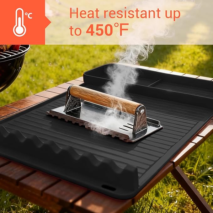 2Pack Silicone Grill Mat for Blackstone - 16x11.5 Inch Non-Slip Tool Mat with Sauce Drip Pad & Wavy Grip, Outdoor BBQ Accessories & Gifts for Men, Dad, Grilling (Black)