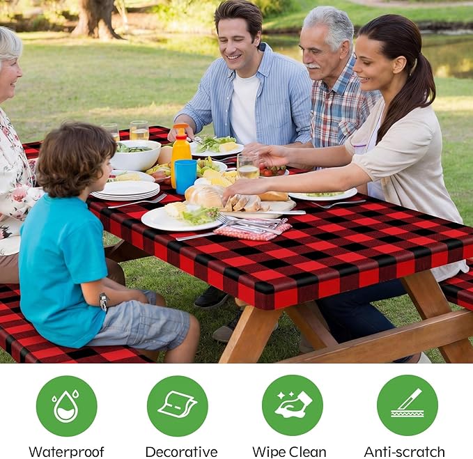 Picnic Table Cover with Bench Covers, Fitted 6ft Waterproof Tablecloth Set for Outdoor Camping & RV - Includes 1 Table Cover & 2 Bench Covers with Drawstring Storage Bag, 30"x72", Red Black Grid