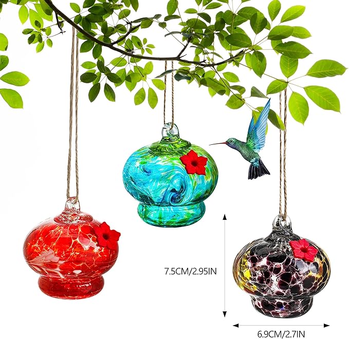 3 Pack Glass Hummingbird Feeders for Outdoors 3in Small Hand Blown Glass Bird Feeder with Flower Feeding Ports for Backyard Garden Decorations Birthday