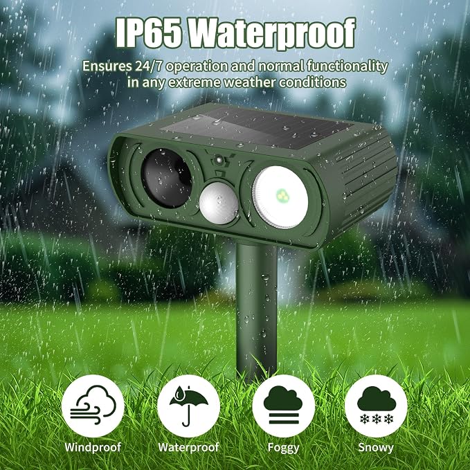 Solar Ultrasonic Animal Repellent, Deer Repellent Devices Waterproof, Cat Repellent Outdoor with Motion Detection Squirrel Skunk Rabbit Dog Raccoon Deterrents Animal Repeller for Yard, 1 Pack, Green