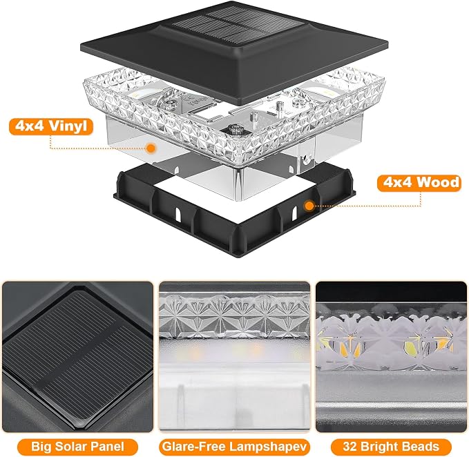 APONUO Solar Post Cap Lights for 4x4 Wood &Vinyl Posts, 3 Light Modes & 800mAh Battery, IP65 Waterproof Rugged Unibody, Solar Outdoor Lights for Fence, Deck & Patio (Black, 12 Pack)