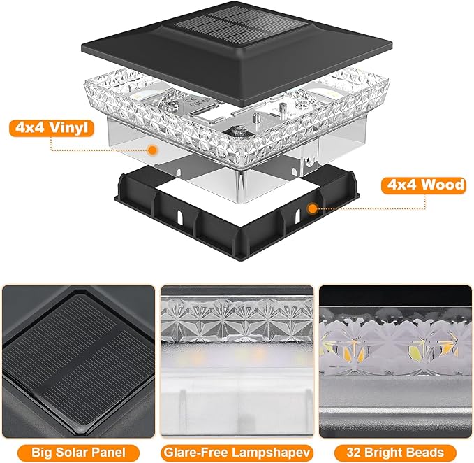 APONUO Solar Post Cap Lights for 4x4 Wood &Vinyl Posts, 3 Light Modes & 800mAh Battery, IP65 Waterproof Rugged Unibody, Solar Outdoor Lights for Fence, Deck & Patio (Black, 16 Pack)