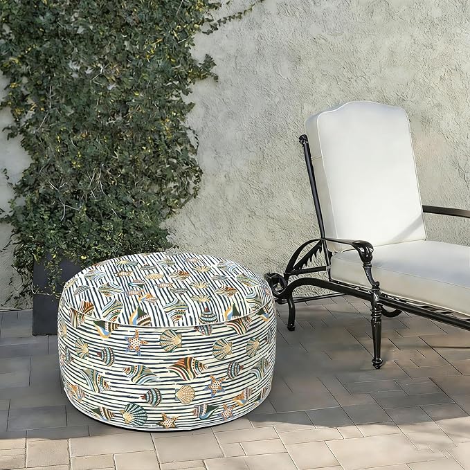LVTXIII Indoor/Outdoor Large Inflatable Ottoman Pouf D31 x H14 Inch, Round Footstool with Handle, Weather-Resistant Portable Furniture for Patio, Camping, Beach, Cabana Shells