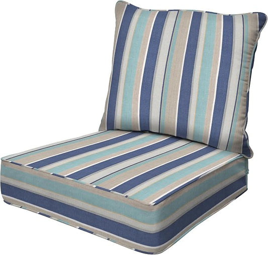 Honeycomb Outdoor Heritage Deep Seat, 24 x 23, Stripe Blue & Beige Chair Cushion with Removable Cover, for Patio Furniture