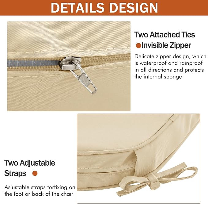 Outdoor Chair Cushions Set of 4 Water Resistant Patio Chair Cushions with Tie 3 Year Color Fastness Thick Outdoor Seat Cushion for Garden Lawn Round Corner Beige 17x16 Inch