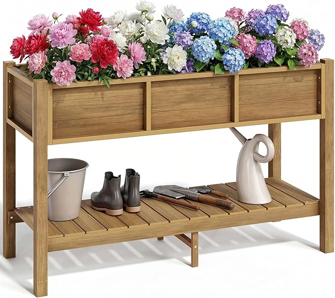 YITAHOME Raised Garden Bed Outdoor HDPE with Shelf, 48x18x30in Poly-Wood Weather-Resistant Elevated Planter Box with Legs for Vegetable Flower, Herb Garden Bed for Backyard Balcony Garden, Brown