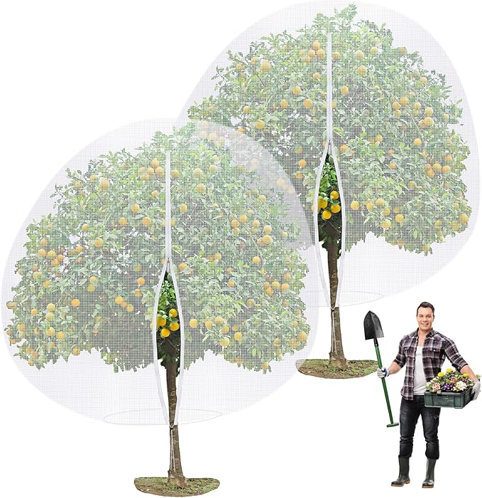 2 Pcs 12 x 12 ft Large Fruit Tree Netting for Protecting Fruit from Squirrels Birds Bug Deer & Rat Garden Mesh Netting with Zipper and Drawstring for Blueberry Peach Apple Garden Bushes