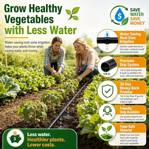 1/4 Drip Irrigation Tubing 100FT, Dripline Tubing with 6 Inch Emitter Spacing, Built-in 0.5 GPH Drippers, 1/4 Irrigation Tubing Drip Line with Fittings and End Plugs for Raised Beds, Garden Rows