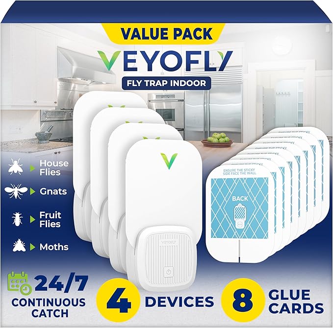 VEYOFLY Fly Trap Indoor, Fruit Fly Traps for Indoors, (4 Device + 8 Refills) Gnat Traps for House Indoor, Fly Catcher Indoor, Plug in Light Flying Insect Trap, Bug Light Killer, Fly Trap