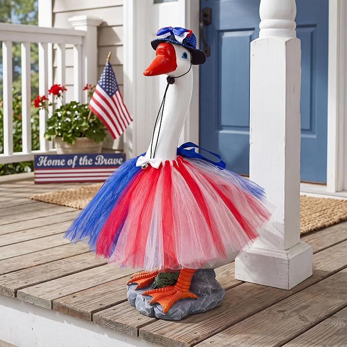 Porch Goose Statue with 4th of July Outfits - 19.5" Garden Resin Goose Decorative Figurine Cute Sculpture Indoor Outdoor Independence Day Decoration for Patio Lawn Yard Balcony Decor