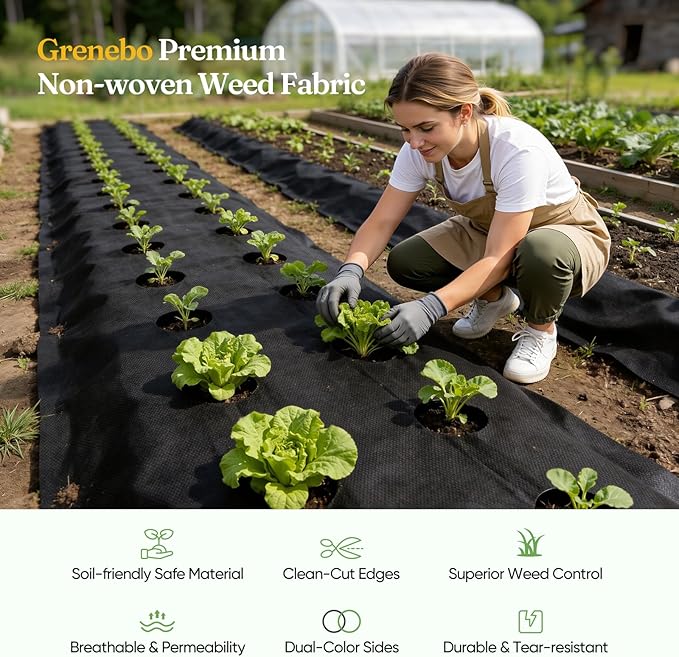 Grenebo Weed Barrier Fabric, 4FT x 100FT, Non-Woven Landscape Fabric, No-Fraying and Easy to Cut, Highly Permeable and Breathable, with 30 U-Shaped Stakes, for Gardens, Flower Beds and Vegetable Plots