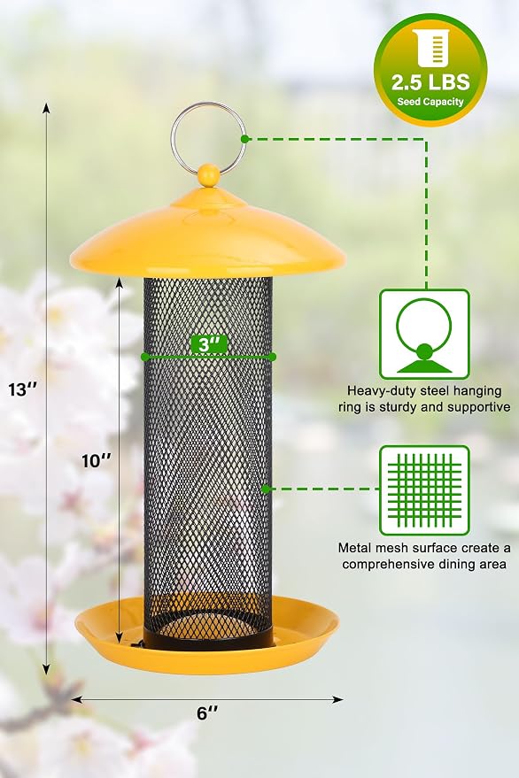 Gtongoko Finch Bird Feeders for Outdoors 2.5 LB Capacity Squirrel Proof Metal Mesh Tube Bird Feeders Thistle & Nyjer Seed Hanging Feeder, Yellow, 1 Pack