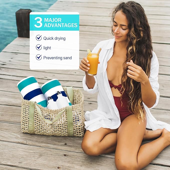 Fumete 2 Pack Lounge Chair Covers 30 x 85 Inch Pool Chaise Lounge Towels Microfiber Beach Chair Towel Portable Striped Outdoor Patio Furniture Cover for Sunbathing Picnic Spa(Teal Blue)
